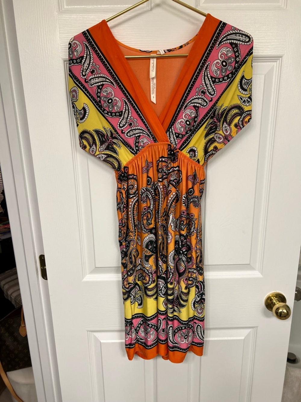 Cristinalove Orange Paisley V-Neck Midi Dress with Pink and Yellow Accents